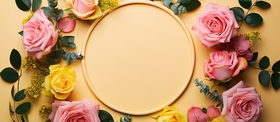 a colorful round frame with a floral pattern of pink and beige roses accompanied by green leaves and