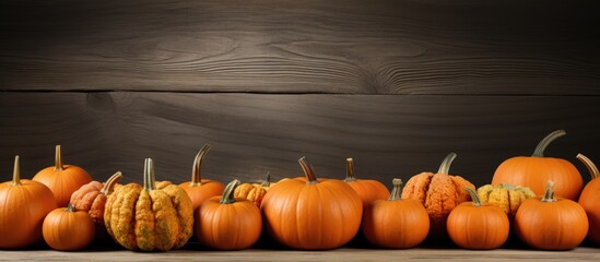 Poster - A copy space image featuring a cluster of small pumpkins arranged on a rustic wooden surface