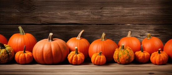 Poster - A copy space image featuring a cluster of small pumpkins arranged on a rustic wooden surface