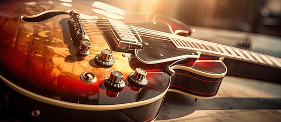 Poster - A close up shot of a vintage guitar illuminated by sunlight with ample copy space in the image