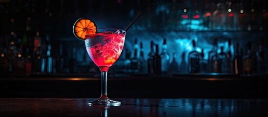 Poster - A cocktail at the bar in a night club with a black background is captured in the copy space image