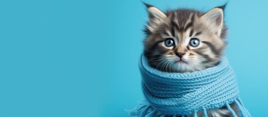 Poster - A beautifully dressed kitten is ready for the cold autumn and winter seasons wearing a warm sweater and striped scarf It sits in front of a blue background creating a visually appealing copy space im