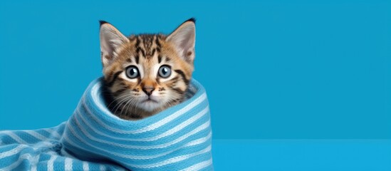 Poster - A beautifully dressed kitten is ready for the cold autumn and winter seasons wearing a warm sweater and striped scarf It sits in front of a blue background creating a visually appealing copy space im