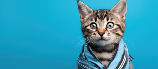 Poster - A beautifully dressed kitten is ready for the cold autumn and winter seasons wearing a warm sweater and striped scarf It sits in front of a blue background creating a visually appealing copy space im