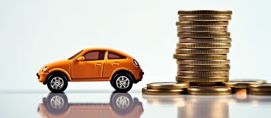 Poster - A car toy placed on a white background with a coin money element included in the composition creating a copy space image