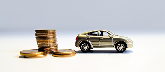 Wall Mural - A car toy placed on a white background with a coin money element included in the composition creating a copy space image