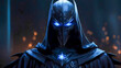 Mysterious and eerie villain wearing a black cloak and mask with frightening glowing blue eyes on a dark background