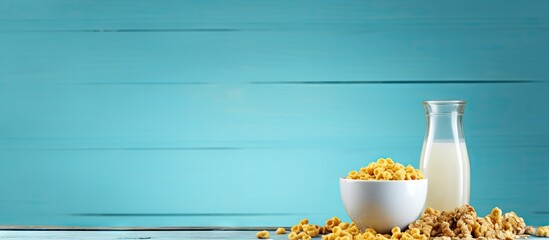 A copy space image featuring a bowl of breakfast cereal with milk and a drizzle of honey on a blue wooden table