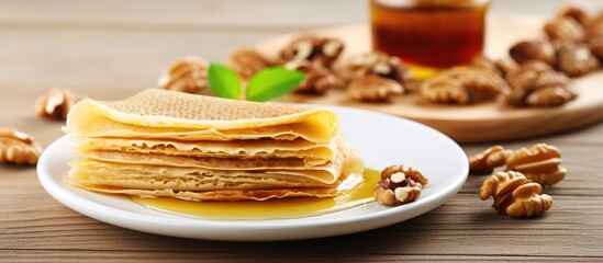 Aufkleber - A copy space image of crepes honey and nuts on a white plate placed on a wooden background