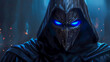 Mysterious and eerie villain wearing a black cloak and mask with frightening glowing blue eyes on a dark background