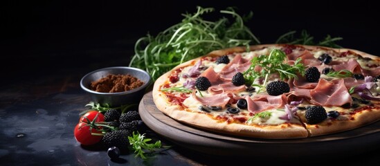 Poster - A delicious homemade pizza topped with freshly baked tuna ham basil arugula black olives and broccoli. with copy space image. Place for adding text or design