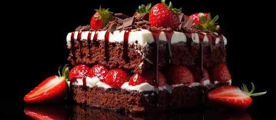 Poster - A delicious chocolate sponge cake adorned with a layer of luscious strawberry jam and creamy topping A perfect dessert that will satisfy your taste buds. with copy space image