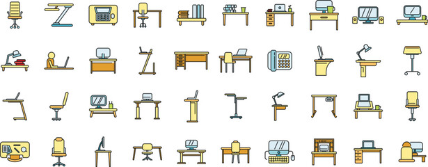 Sticker - Ergonomic workplace icons set outline vector. Body chair. Comfort computer thin line color flat on white