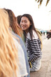 Vertical. Portrait of happy young Chinese woman looking at smiling camera with friends enjoying sunny vacation afternoon. Back of group of people sitting in line outdoor. Side of photo