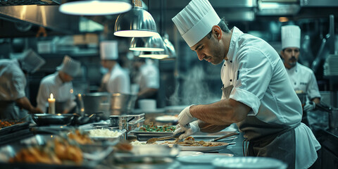 A image of a chef working in a busy commercial kitchen, preparing gourmet dishes and coordinating with kitchen staff