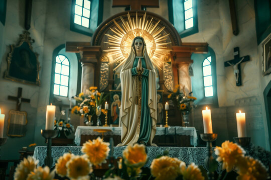 Statue of the Virgin Mary in a Christian church, A woman in a white dress stands in front of a large sun symbol