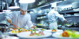 Fototapeta  - chef preparing food, A image of a chef working in a busy commercial kitchen, preparing gourmet dishes and coordinating with kitchen staff