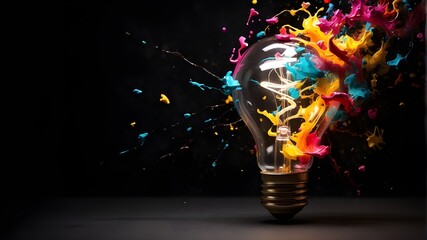 An imaginative lightbulb splatters over a dark background, bursting into vivid color. Thought about new, creative ideas.