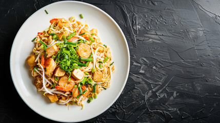 Wall Mural - Delectable malaysian stir-fried noodles with seafood and veggies on a white plate against a dark textured backdrop