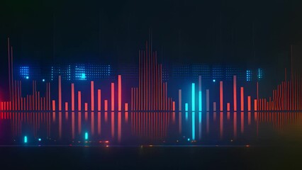 Poster - Abstract digital representation of sound waves with blue and orange bars against a dark background.