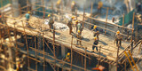 Fototapeta  - A construction workers on a building site, working together to construct a new structure, with hard hats, tools, and safety gear. realistic
