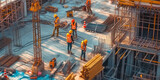 Fototapeta  - A construction workers on a building site, working together to construct a new structure, with hard hats, tools, and safety gear. realistic