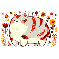 Simple folk style illustration of a cat with red and yellow flowers.