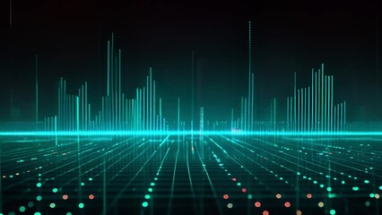 Poster - Futuristic visualization of a digital network resembling a city skyline at night with vibrant blue tones.