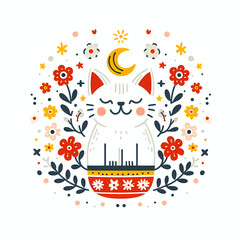 Simple folk style illustration of a cat with red and yellow flowers.