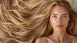 © P - A young, beautiful woman with long, healthy blonde hair is depicted in a salon, showcasing a stylish hairdo. The image exudes a sense of beauty and confidence, with copy space