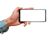 © Ivan Guia - Man hand holding a cell phone horizontally with transparent screen isolated on a cut out PNG transparent background. Mobile phone mock-up