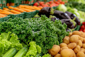 Wall Mural - fresh vegetables on stall, Clusters of vibrant green lettuce and kale nestle alongside crisp cucumbers and vibrant bell peppers, their leaves glistening with droplets of condensation