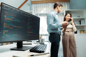 Fototapete - coding software screens newest creative website on working desk against on woman developer making ph