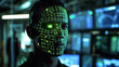 A futuristic facial scanning system at a facility. A visual of advanced security technology, showing an overlay of digital facial scanning on a person walking through a high-tech facility illuminated 