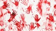 A watercolor illustration of a chaotic background made up of numerous red handprints on a white canvas.