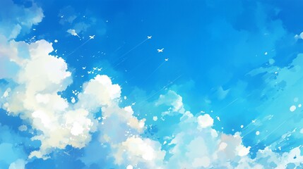 Wall Mural - A watercolor illustration of a bright summer day, with vivid blue skies and clouds.