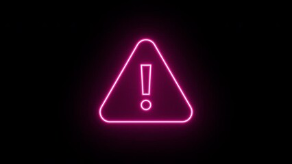 Poster - Neon warning icon animation, flickering emergence with fading. Glowing neon exclamation mark, looped animation. Caution signal, alert, urgent attention, error notice, danger. Red, pink, purple colors