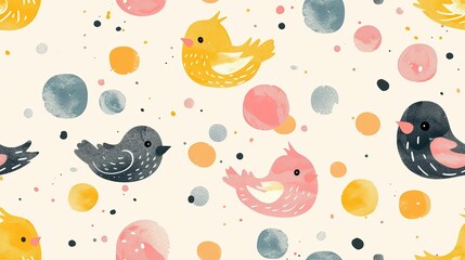 Poster - spring birds with spot pattern refreshing positive feeling, seamless pattern nursery design cartoon style illustration with grungy texture, Generative Ai