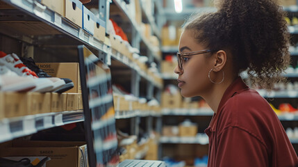 Close-up: Against the backdrop of shelves lined with shoeboxes, the young woman owner entrepreneur selects footwear to fulfill online orders, her computer screen displaying custome