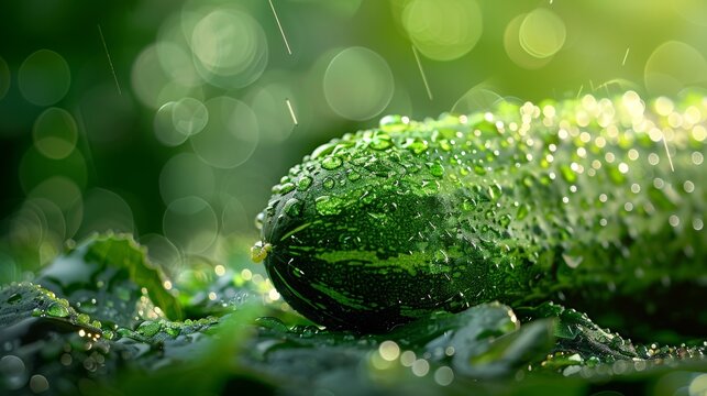 Crisp cucumber with water droplets on a lush green background, highlighting freshness and natural hydration