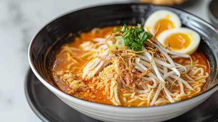 Wall Mural - Authentic malaysian laksa in a bowl, featuring spicy broth, noodles, shredded chicken, bean sprouts, and a perfectly cooked soft-boiled egg