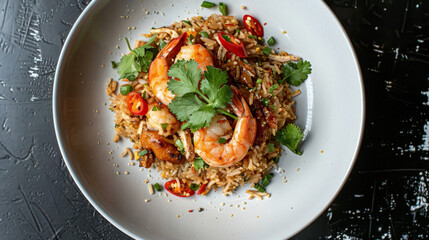 Wall Mural - Authentic malaysian shrimp fried rice with fresh red chilies, herbs, and spices served in a white bowl on a dark background
