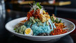 Plate of authentic nasi kerabu with blue rice, spicy accompaniments, and traditional malaysian garnishes