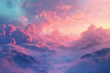 A Beautiful Landscape Of Pink Clouds And Blue Mountains