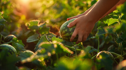 Wall Mural - A hand picking a watermelon in a field