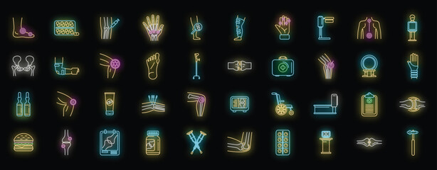 Poster - Arthritis icons set outline vector. Joint injury. Medical science neon color on black