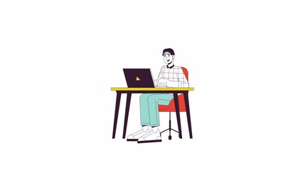 Poster - University student talking at table line 2D character animation. Homework, worker flat color cartoon 4K video, alpha channel. Engaged korean guy sitting desk laptop animated person on white background