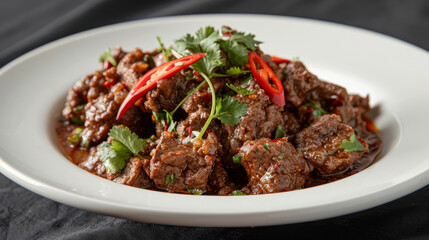 Wall Mural - Traditional malaysian beef rendang served on a white plate, garnished with cilantro and red chili, against a dark background