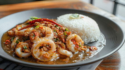 Wall Mural - Traditional asian cuisine: authentic malaysian spicy squid stir fry with steamed rice, served on a contemporary plate