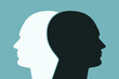 © ptgregus - Two human head silhouettes isolated on a turquoise blue background show concepts of tolerance, psychology, communication, diversity, opposites, mental disorder, or attention. Flat vector illustration